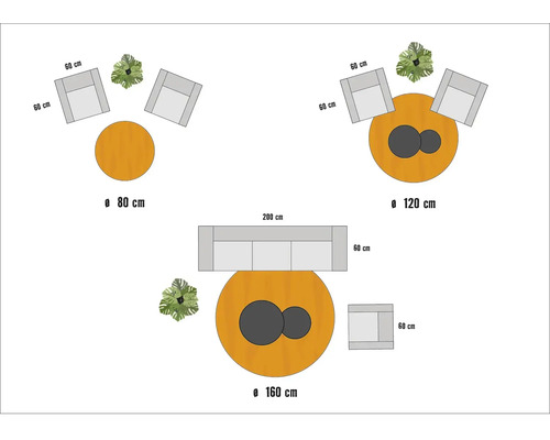 Plattegronden van zitgroepen met banken, fauteuils en tafels in verschillende maten.