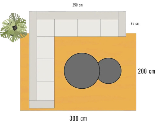 Bovenaanzicht van een tuininrichting met loungeset, twee ronde tafels en plant met maatindicaties