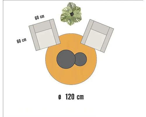 Plattegrond met een tafel met een diameter van 120 cm en twee stoelen van 60 cm breed