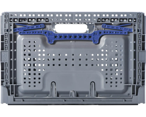 Grijze inklapbare kunststofbox met blauwe details voor transport en opslag