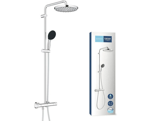 Grohe douchesysteem met hoofd- en handdouche en productverpakking