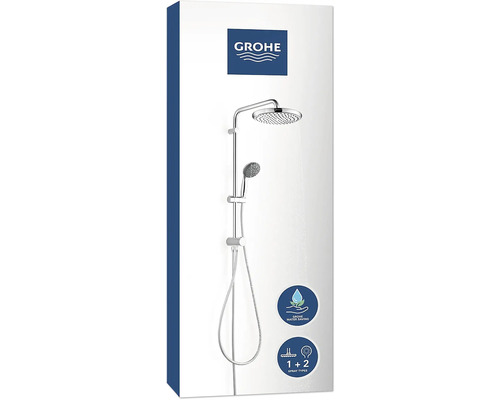 Grohe logo. Douchesysteem met hoofd- en handdouche.