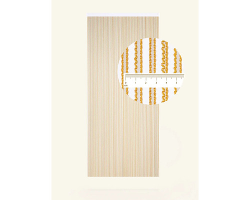 Decoratieve gordijn met draden en spiraaleffect en close-up met aanduiding in centimeters