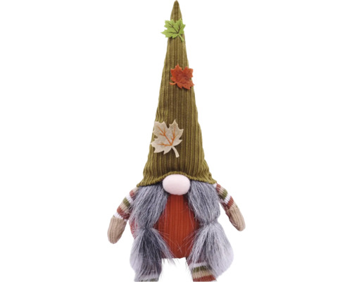 Decoratief herfstfiguur kabouter met corduroy hoed en esdoornbladeren