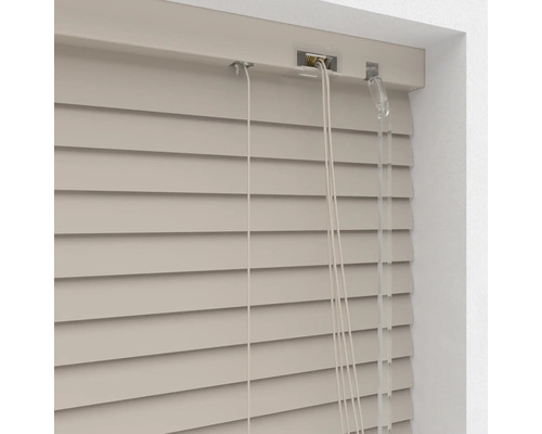 Gedetailleerd zicht op een horizontale jaloezie met trekkoorden en bedieningselementen