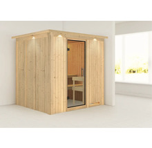 Houten sauna met glazen deur en geïntegreerde verlichting binnenin