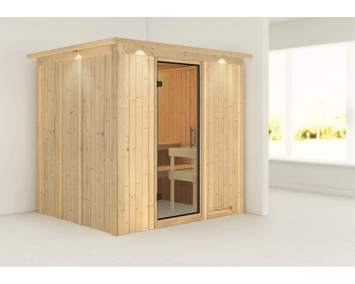 Houten sauna met glazen deur en geïntegreerde verlichting binnenin
