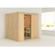 Houten sauna met glazen deur en banken