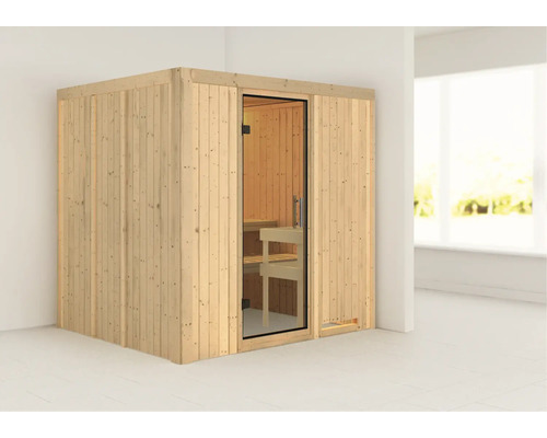 Houten sauna met glazen deur en banken