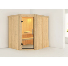 Houten hoeksauna met glazen deur en binnenverlichting