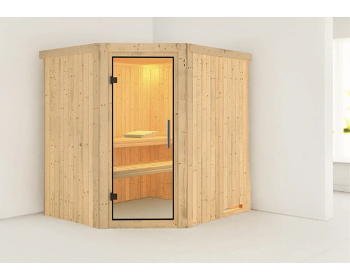 Houten hoeksauna met glazen deur en binnenverlichting