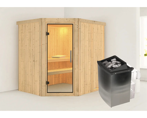 Hoeksauna met saunakachel en saunastenen