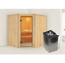 Houten hoeksauna met kachel en saunastenen