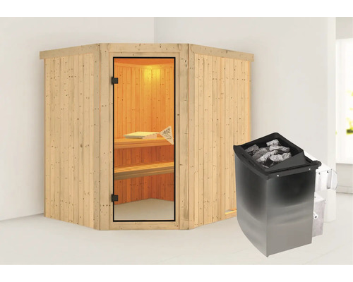 Houten hoeksauna met kachel en saunastenen