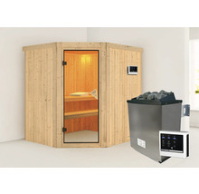 Hoeksauna met saunakachel en digitale bediening