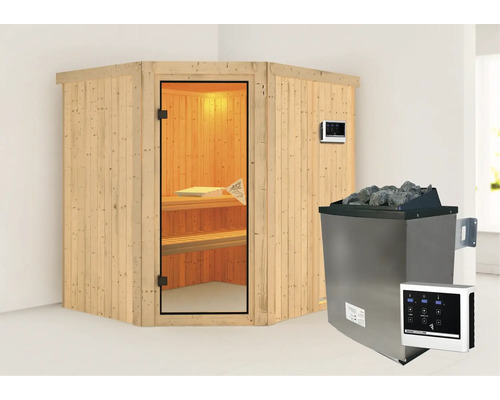 Hoeksauna met saunakachel en digitale bediening
