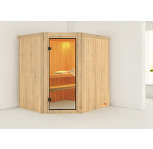 Hoeksauna met glazen deur en houten bekleding.