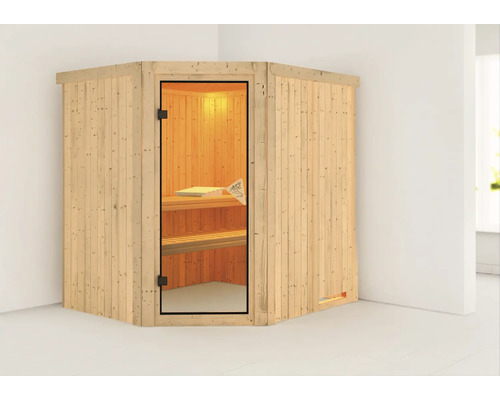 Hoeksauna met glazen deur en houten bekleding.