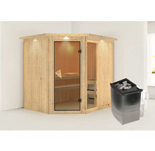 Houten hoeksauna met glazen deur en saunakachel