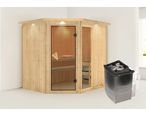 Houten hoeksauna met glazen deur en saunakachel