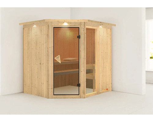 Hoeksauna met glazen deur en binnenverlichting