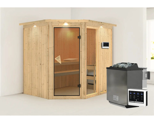 Hoeksauna met glazen deur, bediening en saunakachel