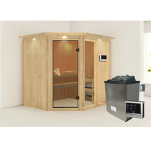 Houten sauna met glazen deur en kachel