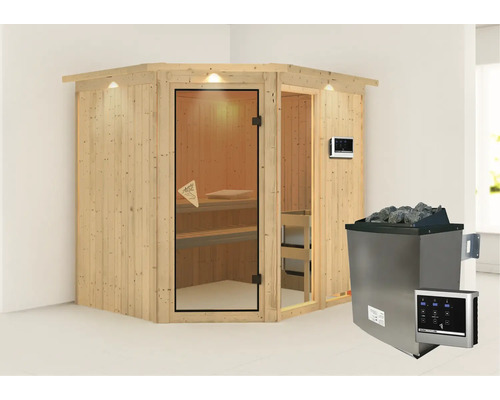 Houten sauna met glazen deur en kachel