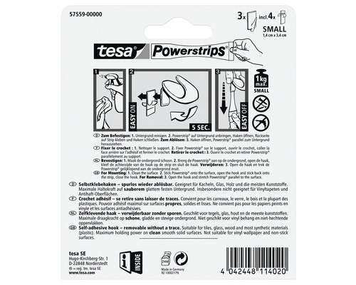 Tesa Powerstrips zelfklevende haken, verwijderbaar zonder sporen, met montage-instructies