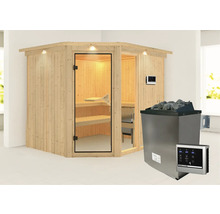 Hoeksauna van hout met glazen deur en saunakachel met stenen