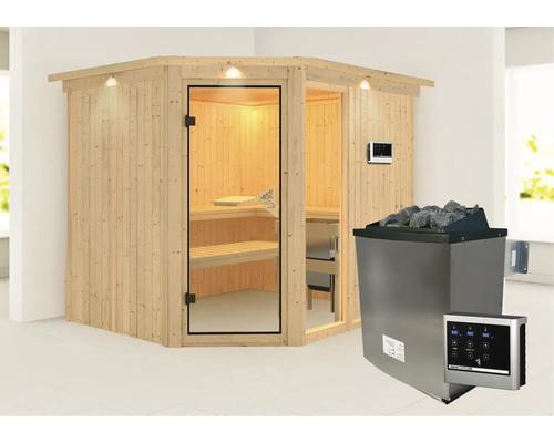 Hoeksauna van hout met glazen deur en saunakachel met stenen