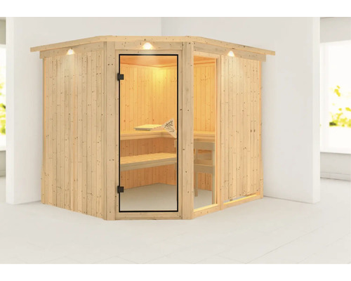 Houten hoeksauna met glazen deur en binnenverlichting.