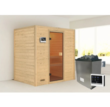 Houten sauna met glazen deur en saunakachel