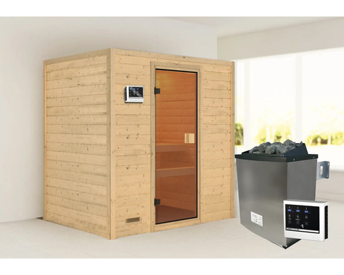 Houten sauna met glazen deur en saunakachel