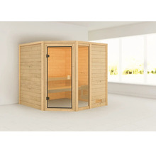 Houten sauna met glazen deur en banken