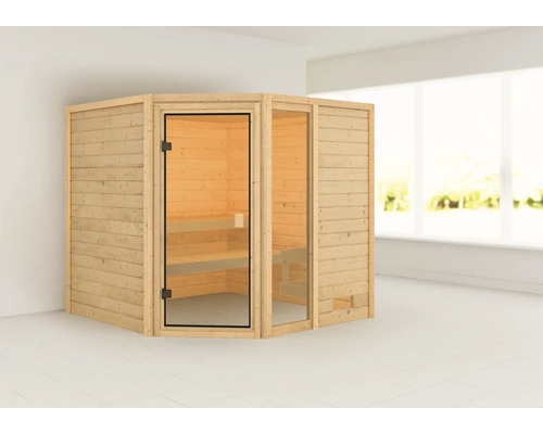 Houten sauna met glazen deur en banken