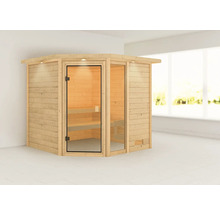 Houten sauna met glazen deur en hoekontwerp
