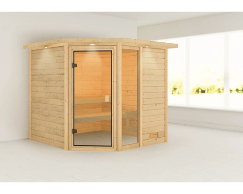 Houten sauna met glazen deur en hoekontwerp