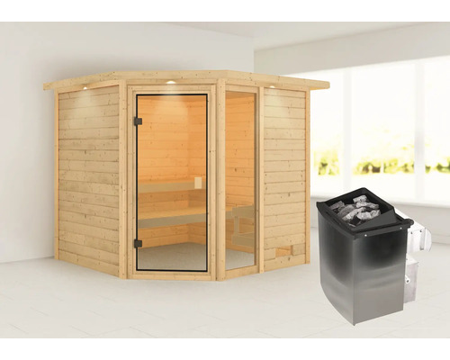 Houten hoeksauna met glazen deur en saunakachel