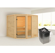 Houten sauna met glazen deur en saunakachel