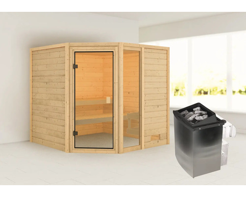 Houten sauna met glazen deur en saunakachel