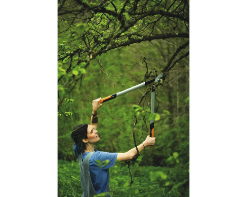 Vrouw snoeit takken met een heggenschaar in de tuin