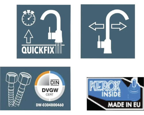 Symbolen voor snelle montage, zwenkbereik, DIN DVGW certificaat en Made in EU