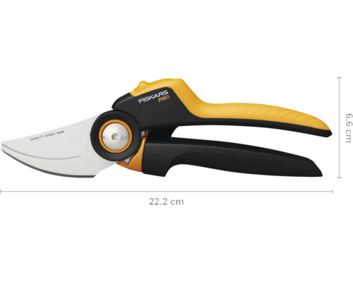 Fiskars tuinschaar P961 met een lengte van 22,2 cm en een breedte van 6,6 cm.