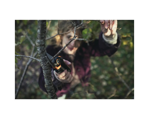 Vrouw snoeit een tak met een snoeischaar.