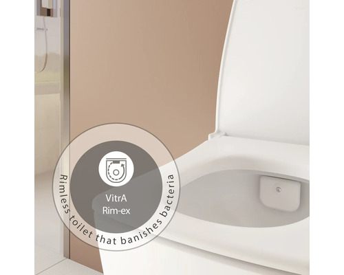 Detail van een randloos toilet dat bacteriegroei tegengaat