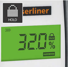 Display van een houtvochtmeter met vasthoudfunctie en weergave van het vochtgehalte voor hardhout