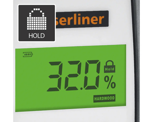 Display van een houtvochtmeter met vasthoudfunctie en weergave van het vochtgehalte voor hardhout