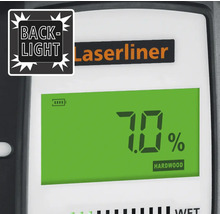 Laserliner vochtmeter display met 70 procent voor hardhout en achtergrondverlichtingssymbool