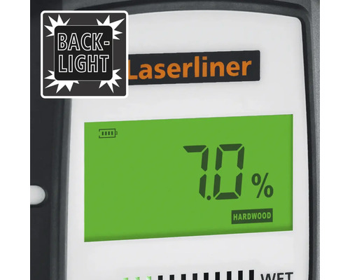 Laserliner vochtmeter display met 70 procent voor hardhout en achtergrondverlichtingssymbool